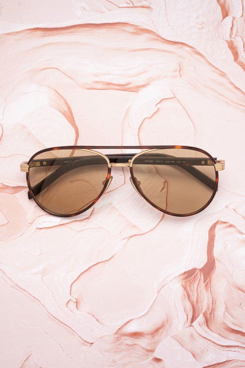 Lunettes de soleil Prada PR B57S pilote aviateur métal doré écaille verres marron clair - Optic Duroc