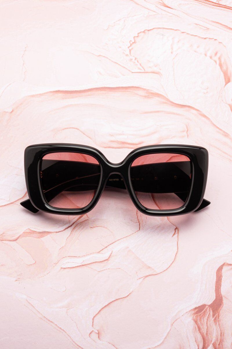 Lunettes de soleil Gucci GG1975 oversize acétate noir brillant logo GG doré verres rosés - Optic Duroc