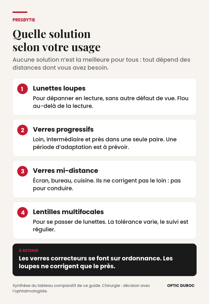 Presbytie : quelle solution selon votre usage, lunettes loupes, verres progressifs, verres mi-distance ou lentilles multifocales
