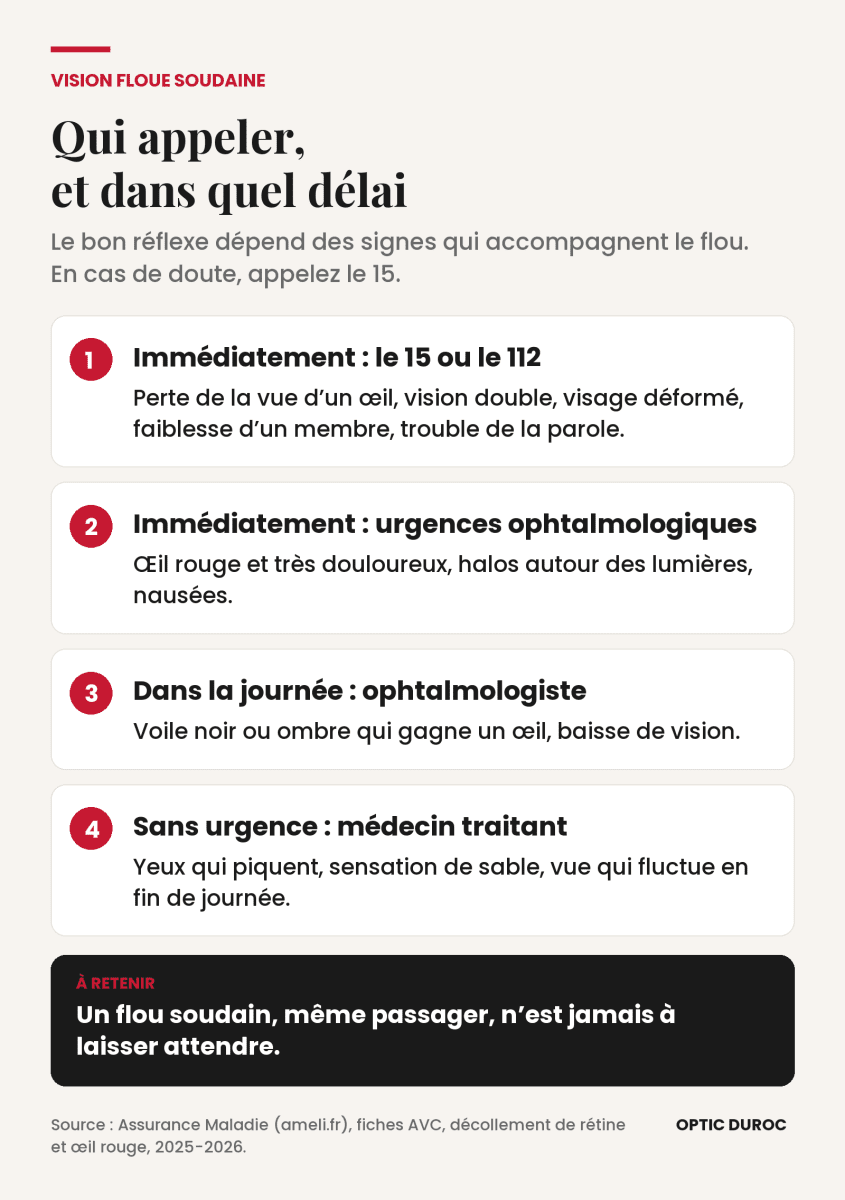 Vision floue soudaine : qui appeler et dans quel délai, du 15 en urgence au médecin traitant